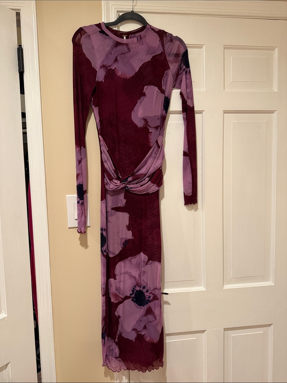 Free People Long-Sleeve Twist-Waist Floral Maxi Dress in Plum and Lavender